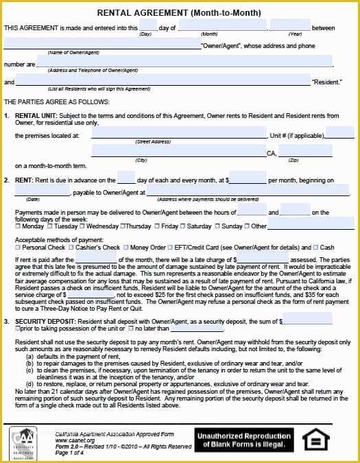 Free Month to Month Rental Agreement Template Of Free California Monthly Rental Agreement – Pdf Template