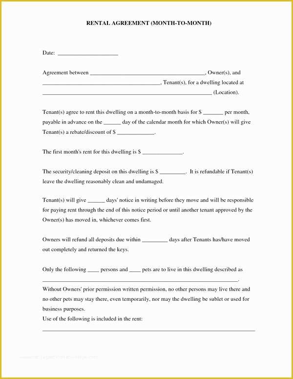 Free Month to Month Rental Agreement Template Of Free Month to Month Rental Agreement form Sample forms