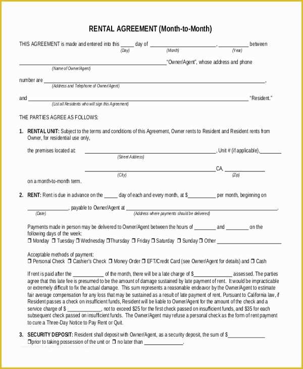 Free Month to Month Rental Agreement Template Of Free Rental Agreement form Sample 9 Free Documents In