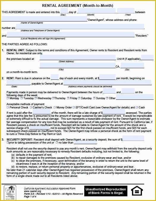 Free Month to Month Rental Agreement Template Of Printable Sample Monthly Rental Agreement form