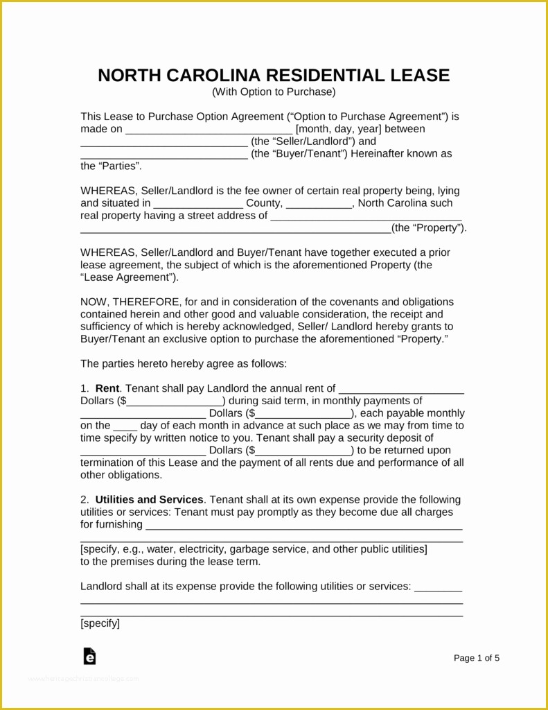 Free Nc Lease Agreement Template Of Free north Carolina Lease Agreement with Option to