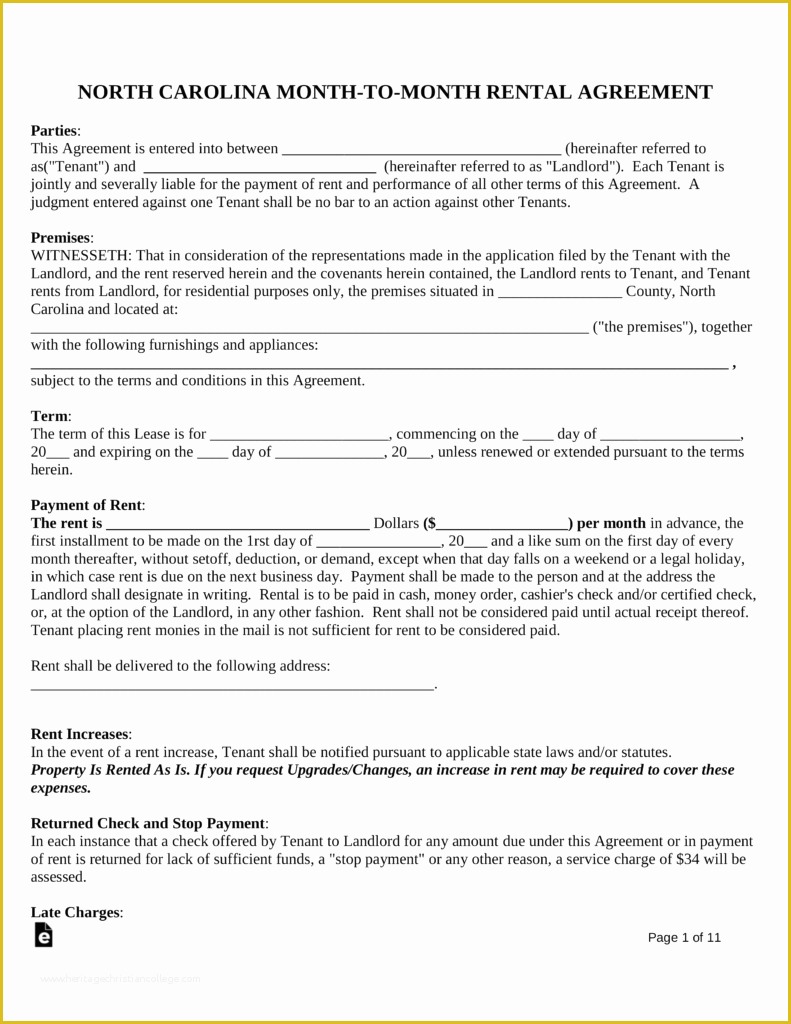 Free Nc Lease Agreement Template Of Free north Carolina Month to Month Rental Agreement