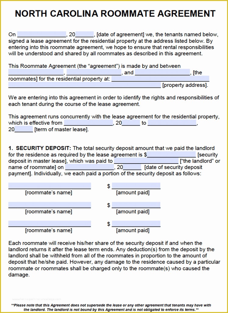 Free Nc Lease Agreement Template Of Free north Carolina Roommate Agreement Template – Pdf – Word