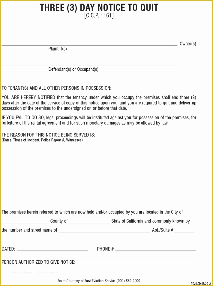 Free Notice to Pay Rent or Quit Template Of 3 Day Notice to Vacate Free Eviction forms