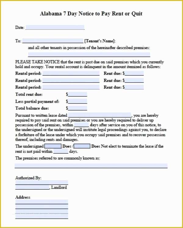 Free Notice to Pay Rent or Quit Template Of Free Alabama Seven 7 Day Eviction Notice form