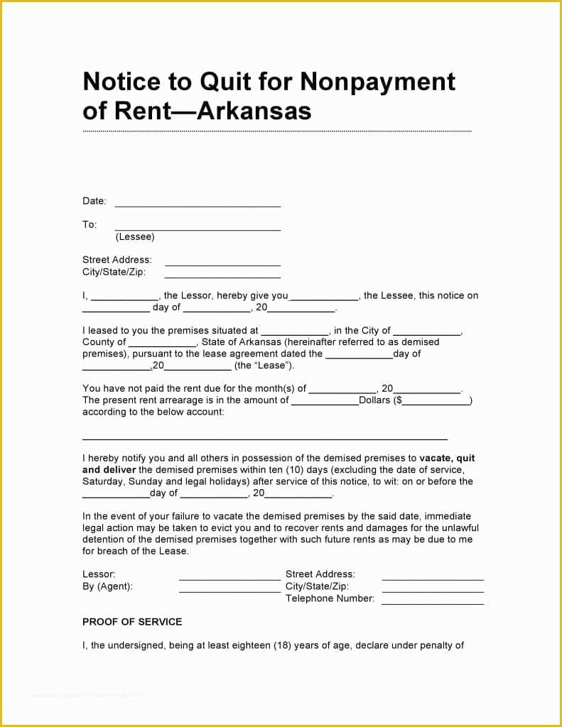 Free Notice to Pay Rent or Quit Template Of Free Arkansas 10 Day Notice to Quit for Non Payment Of