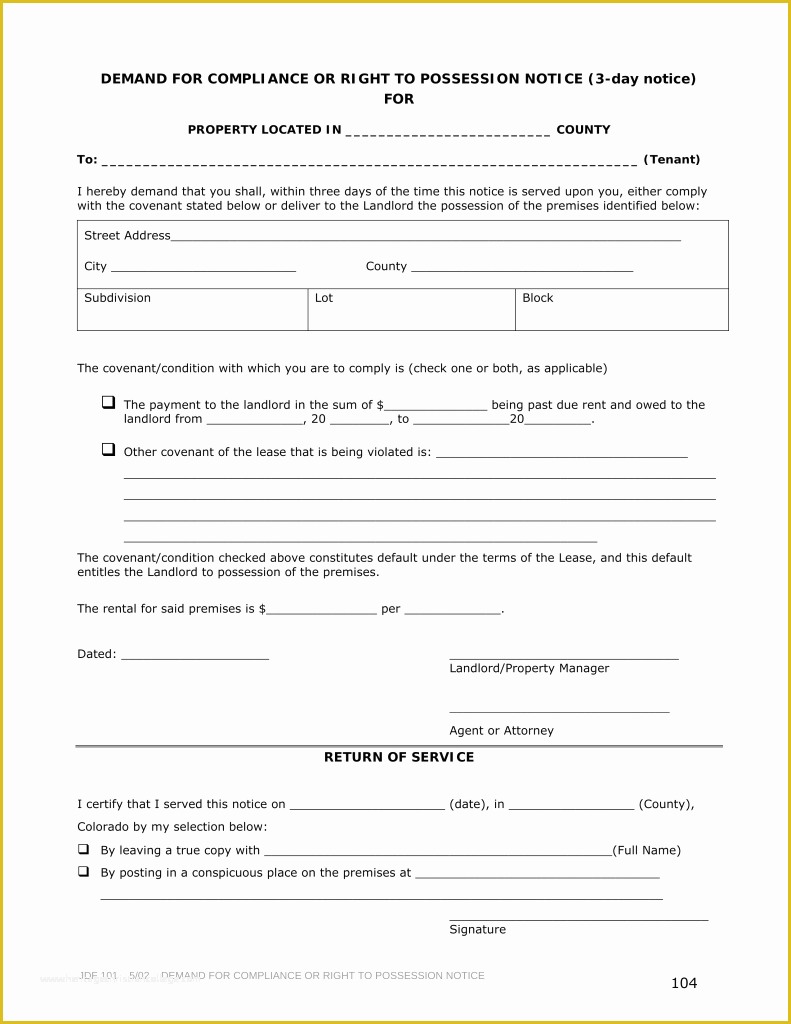 Free Notice to Pay Rent or Quit Template Of Free Colorado 3 Day Notice to Quit form
