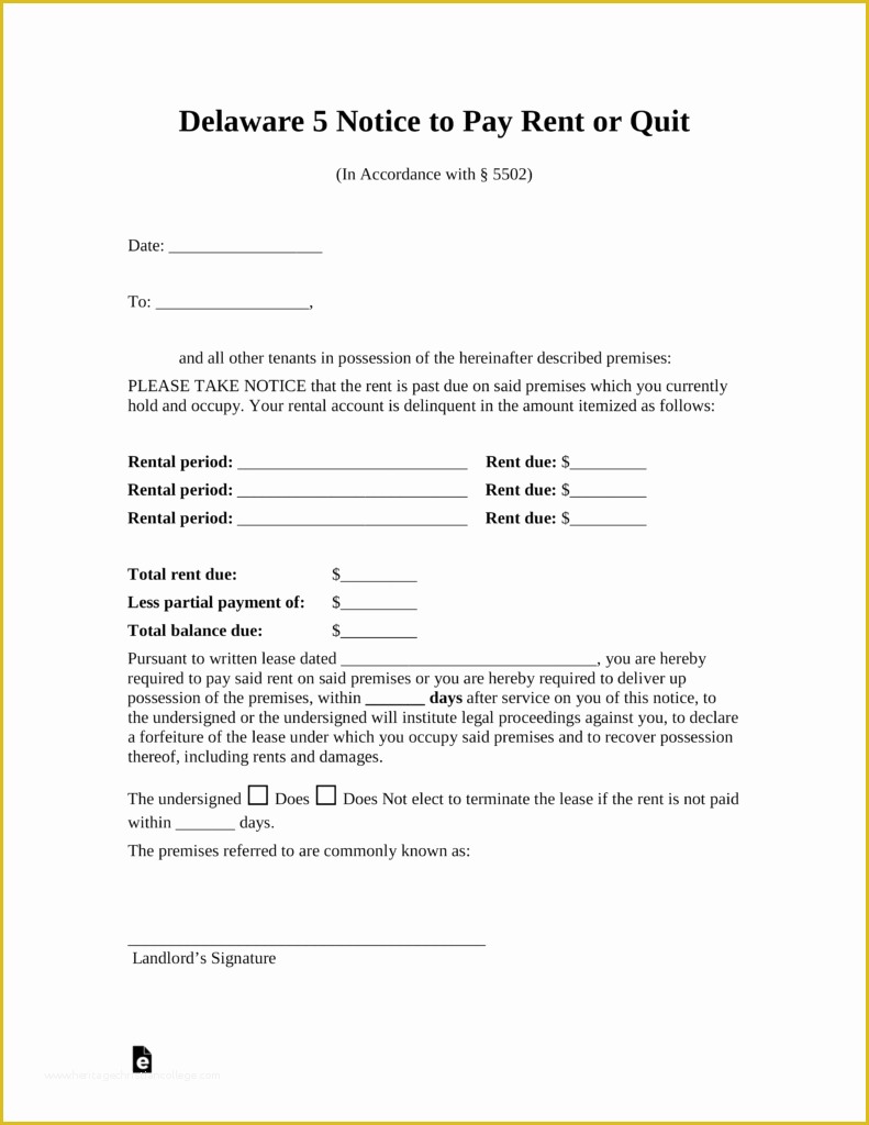 Free Notice to Pay Rent or Quit Template Of Free Delaware 5 Day Notice to Quit form