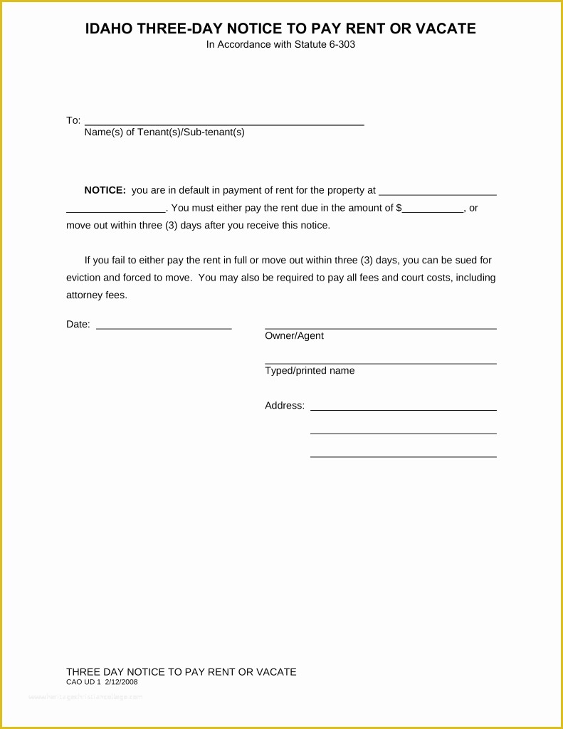 Free Notice to Pay Rent or Quit Template Of Idaho 3 Day Notice to Quit form – Non Payment Of Rent