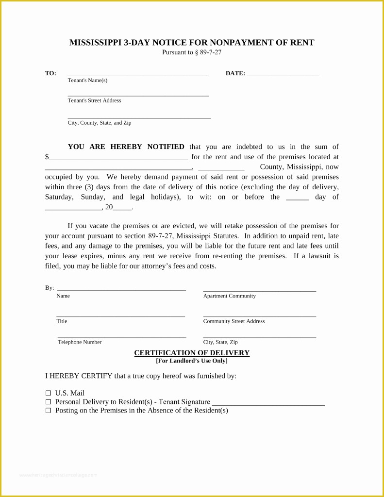 Free Notice to Pay Rent or Quit Template Of Mississippi 3 Day Notice to Quit