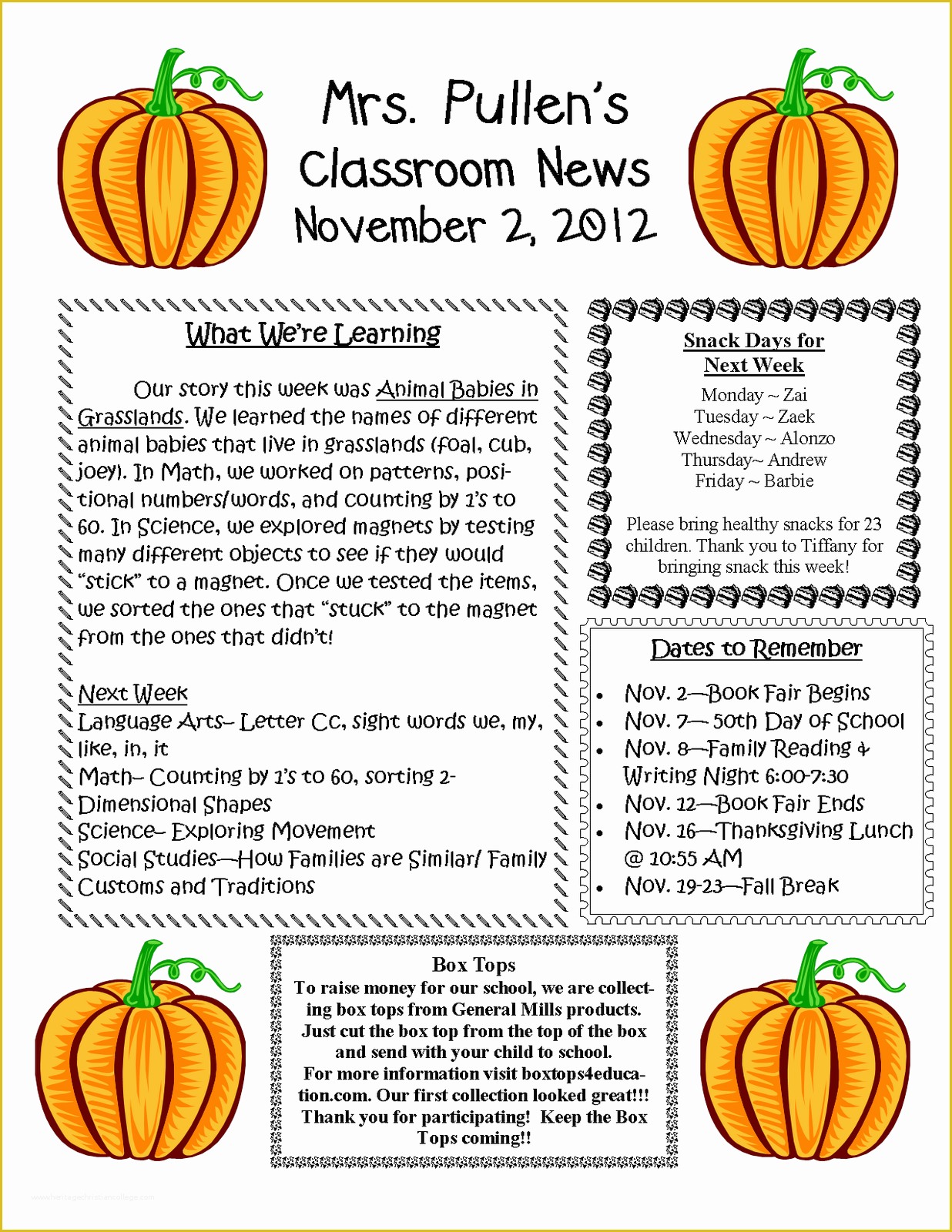 Free November Newsletter Templates Of Mrs Pullen S Kindergarten Class November 2 2012 Newsletter