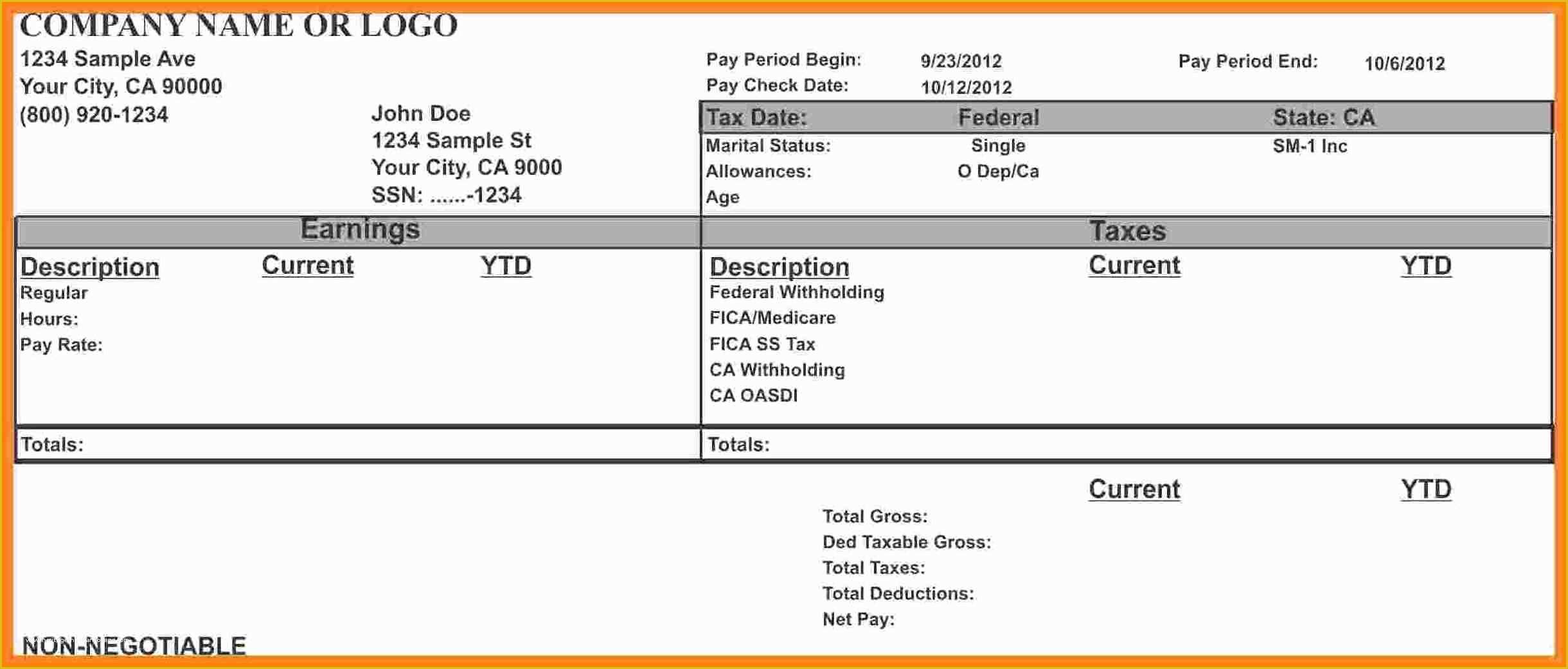 Free Pay Stub Template Download Of 8 Free Payroll Stub Template