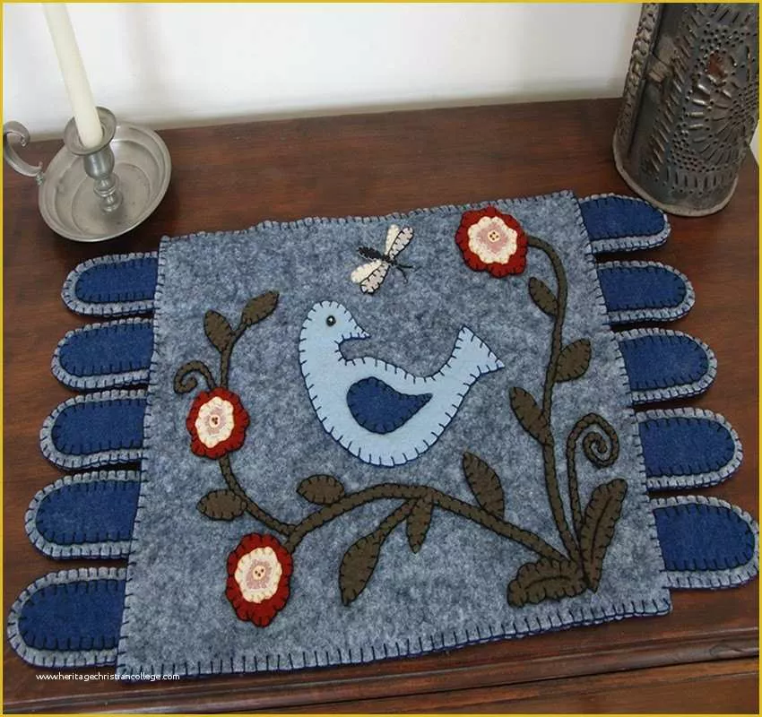 Free Penny Rug Templates Of Bird with Posies Folk Art Penny Rug E Pattern