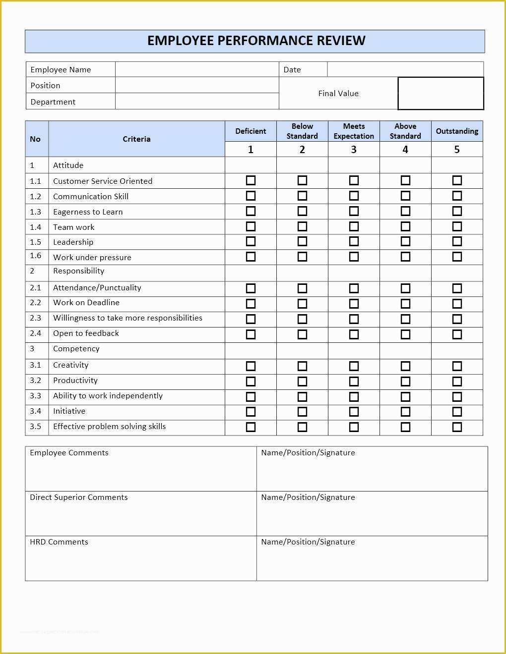 Free Performance Evaluation Templates Of Employee Performance Review form