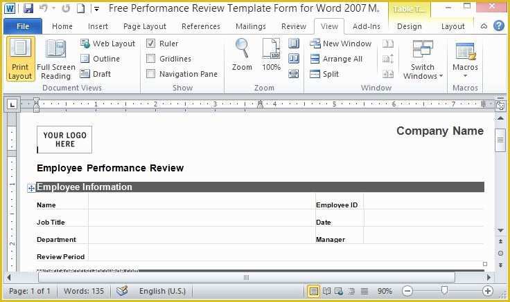 Free Performance Evaluation Templates Of Free Performance Review Template form for Word 2007