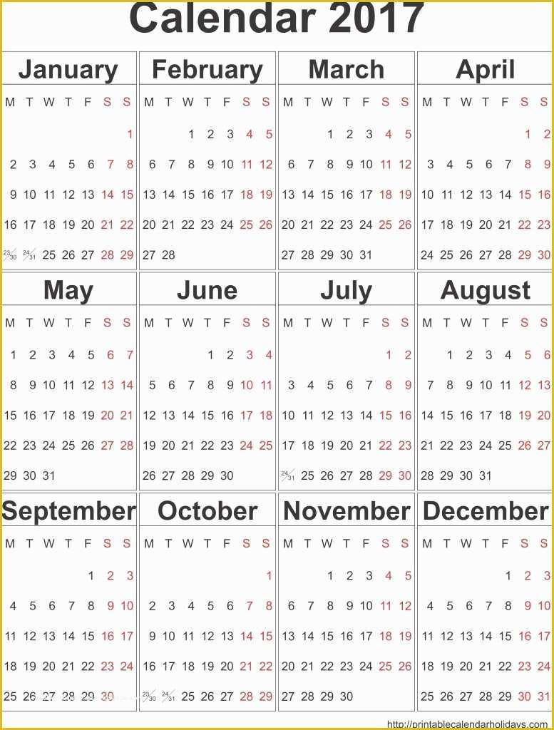 Free Photo Calendar Template 2017 Of 2017 Yearly Calendar Template In Portrait format