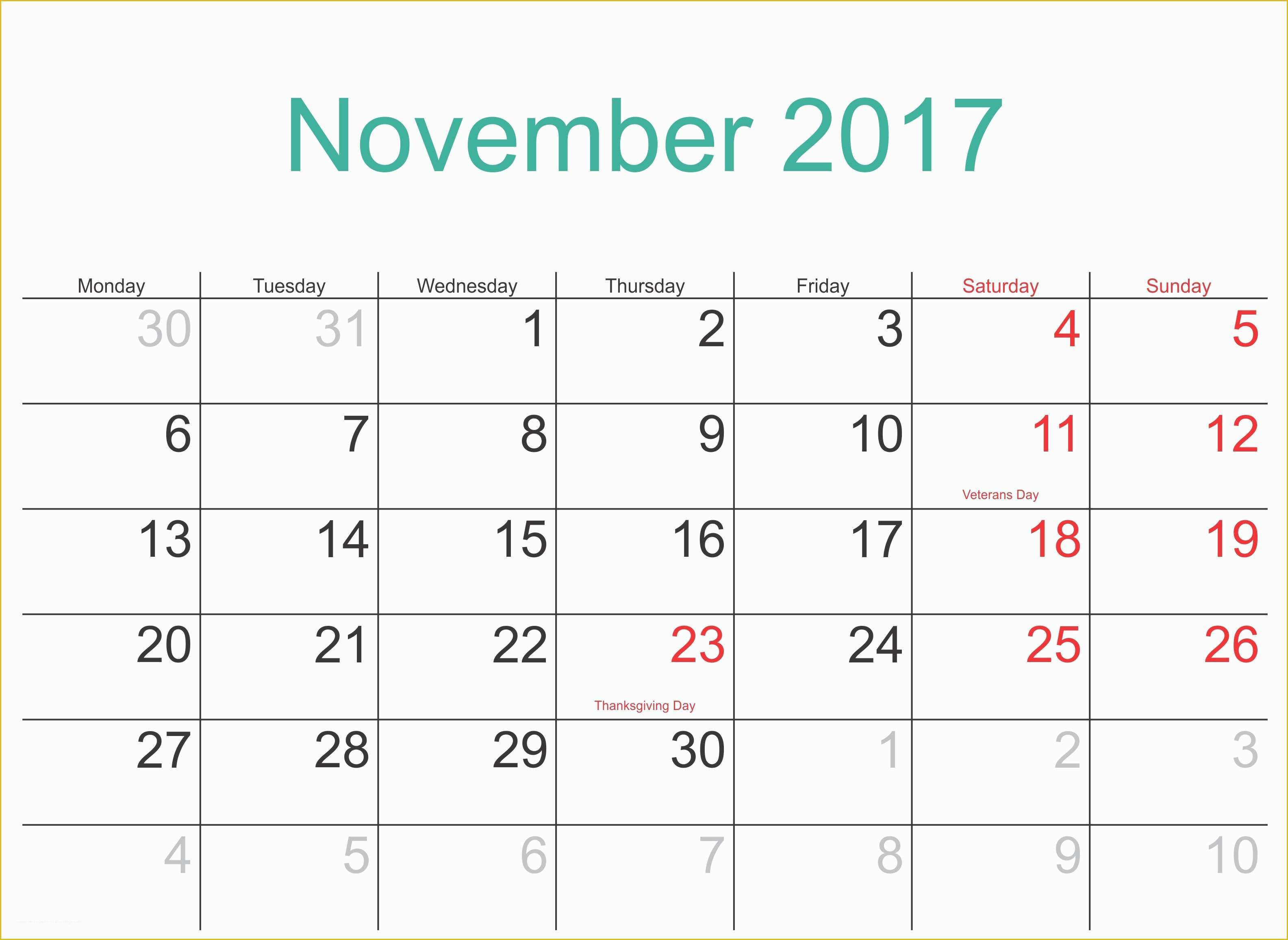 Free Photo Calendar Template 2017 Of November 2017 Printable Calendar Template Holidays Excel