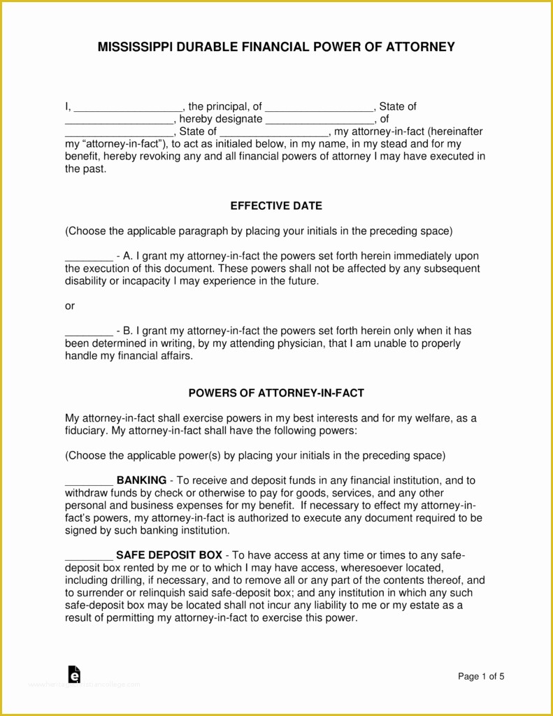 Free Poa Template Of Free Mississippi Power Of attorney forms Pdf