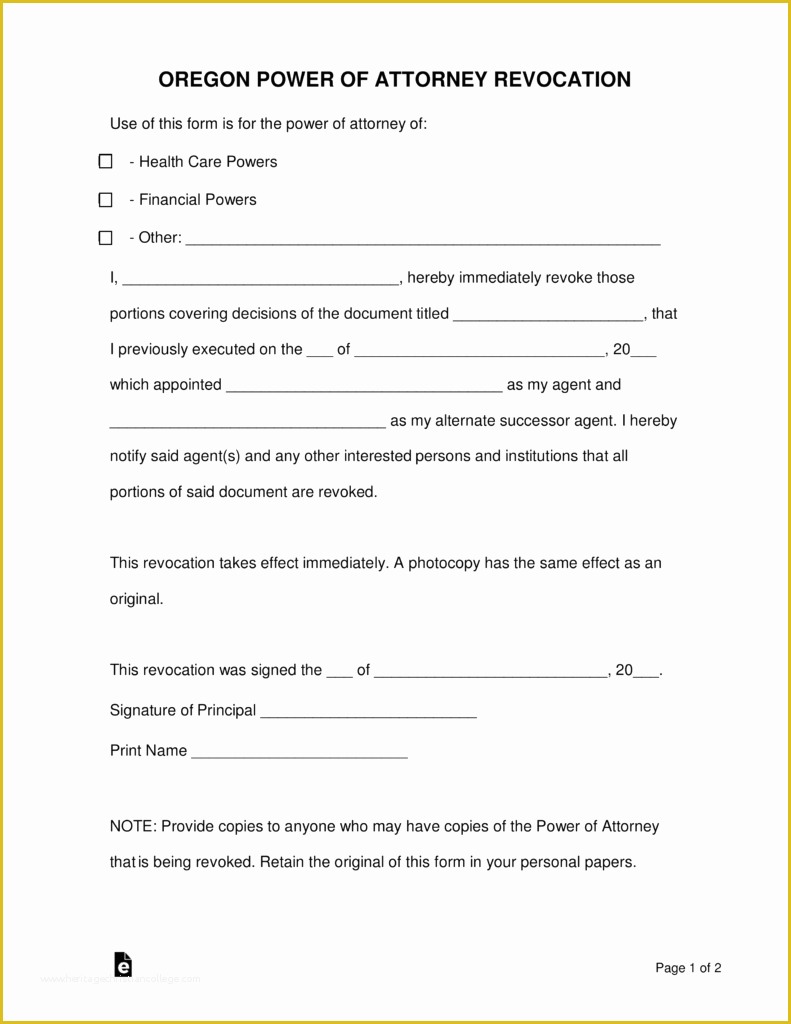 Free Poa Template Of Free oregon Revocation Of Power Of attorney form Word