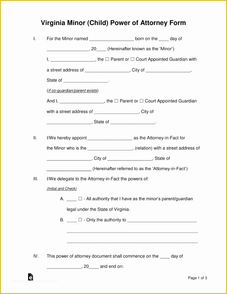 Free Poa Template Of Free Virginia Minor Child Power Of attorney form Word