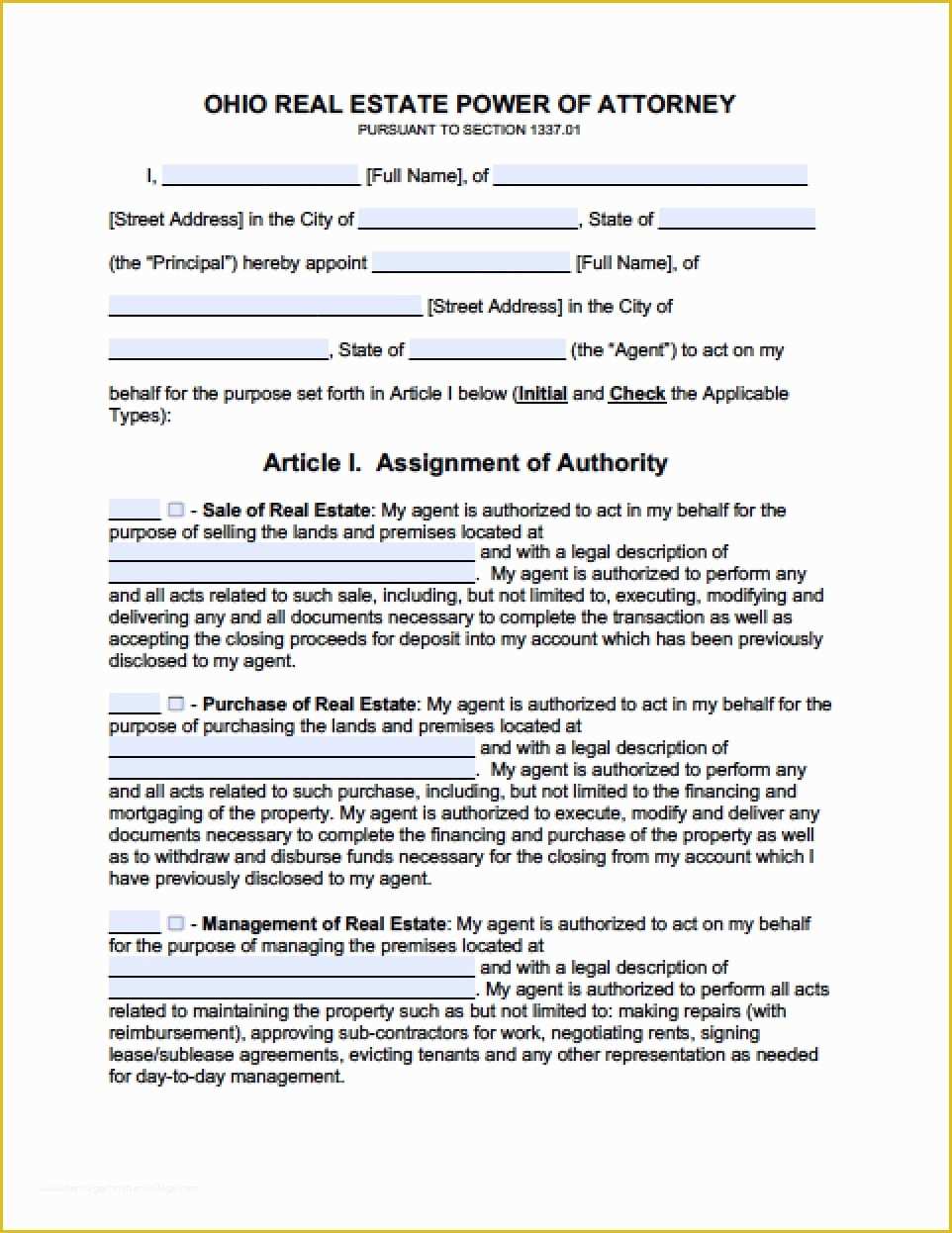 Free Poa Template Of Ohio Real Estate Only Power Of attorney form Power Of