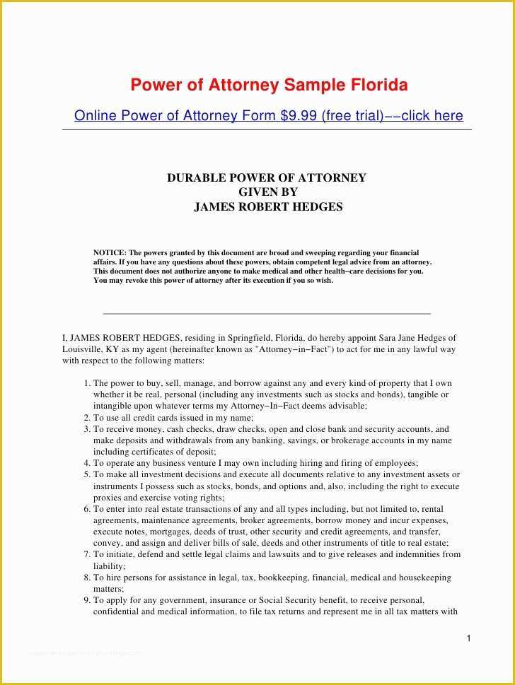 Free Poa Template Of Power Of attorney Sample Florida