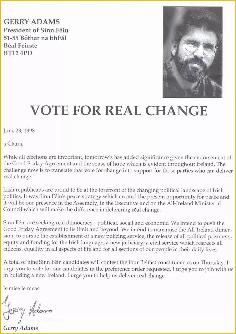 Free Political Campaign Letter Templates Of “vote for Real Change” 1998 assembly Elections Letter From