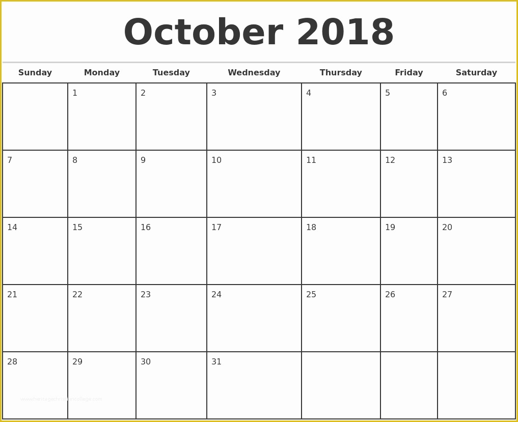 Free Preschool Calendar Templates 2017 Of October 2018 Monthly Calendar Template