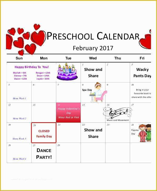 Free Preschool Calendar Templates 2017 Of Preschool Calendar Templates 9 Free Pdf format Download