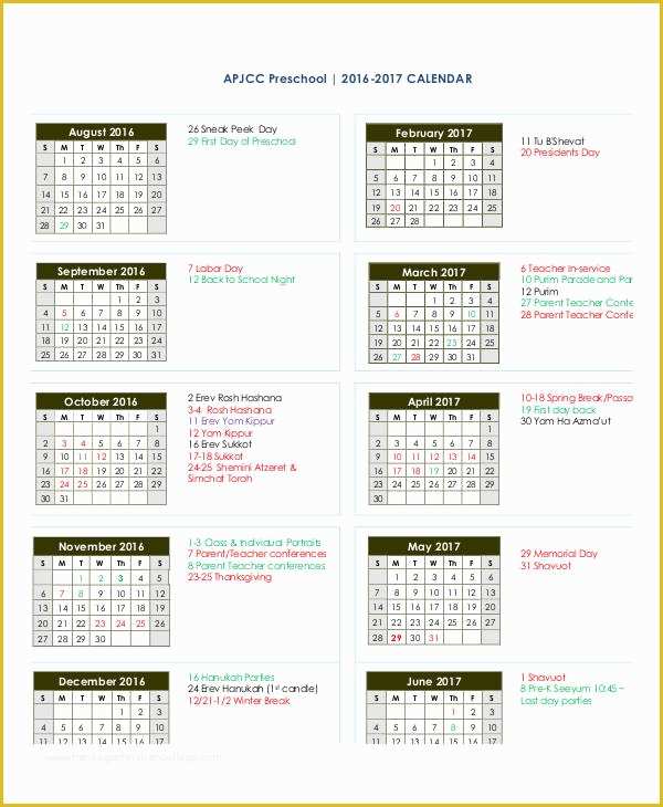 Free Preschool Calendar Templates 2017 Of Preschool Calendar Templates 9 Free Pdf format Download