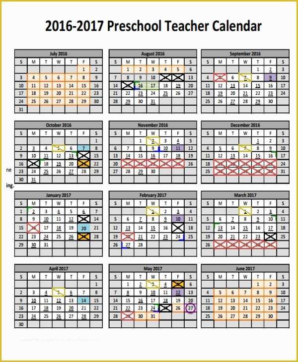Free Preschool Calendar Templates 2017 Of Teacher Calendar Templates 7 Free Word Pdf format