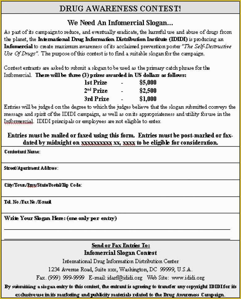 Free Printable Contest Entry form Template Of Contest Entry form Sample Contest Entry form Template