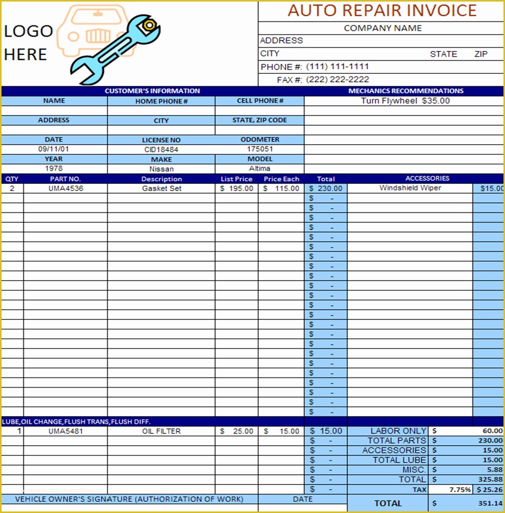 Free Printable Invoice Templates Excel Of Auto Repair Invoice Template Excel