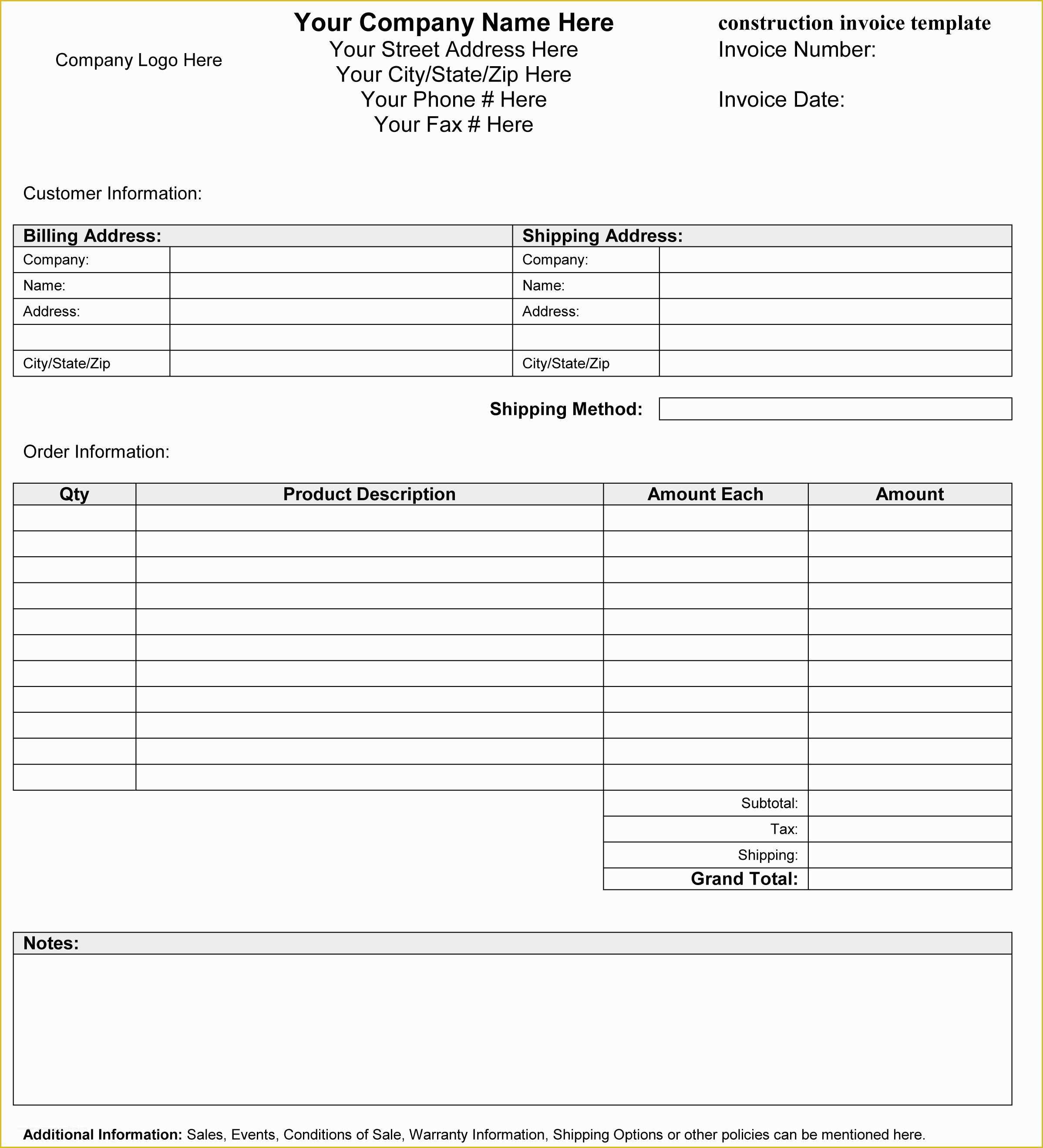 Free Printable Invoice Templates Excel Of Construction Invoice Template