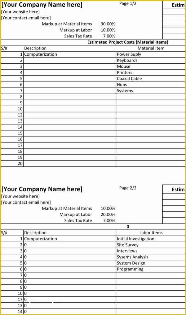 Free Project Costing Template Excel Of Download Project Estimate Spreadsheet Template Excel Free