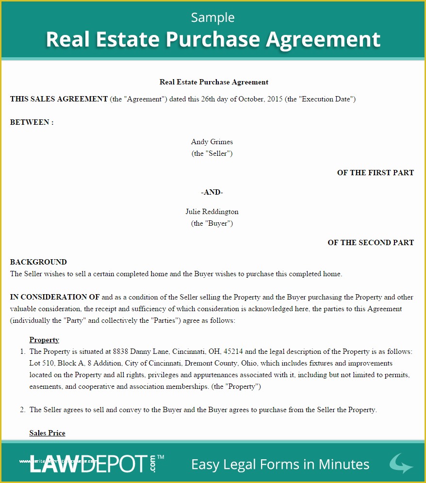 Free Purchase Agreement Template Of Real Estate Purchase Agreement United States form Lawdepot