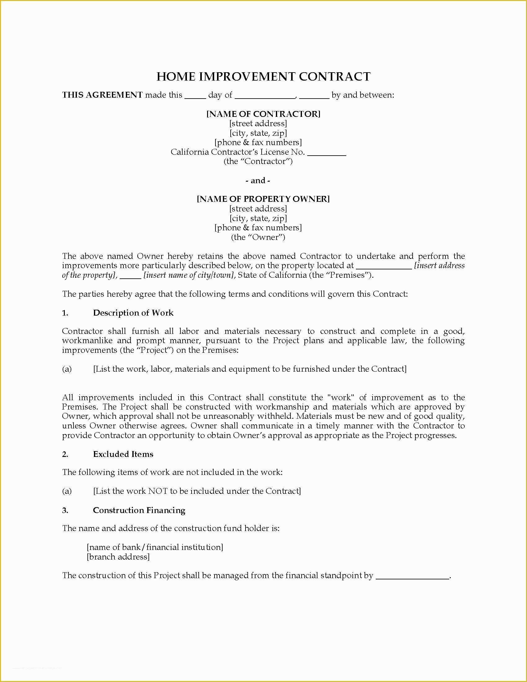 Free Remodeling Contract Template Of Contract Home Improvement Contract Template