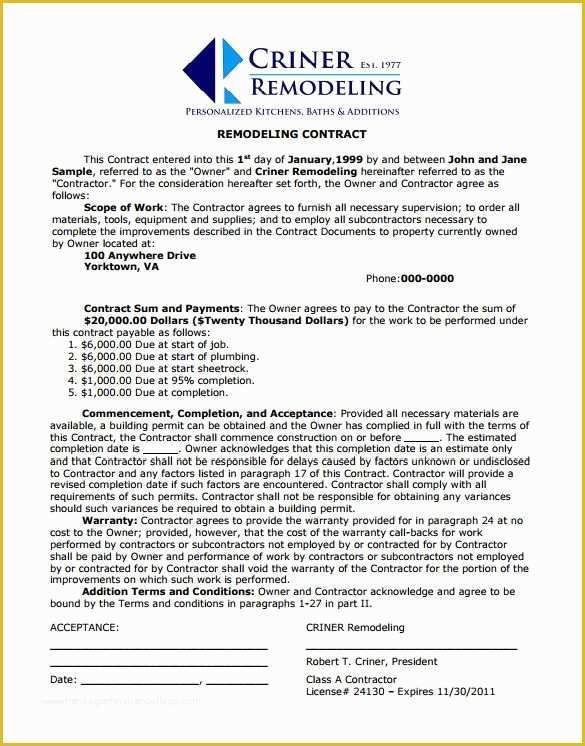 Free Remodeling Contract Template Of Home Remodeling Contract Template 7 Free Word Pdf