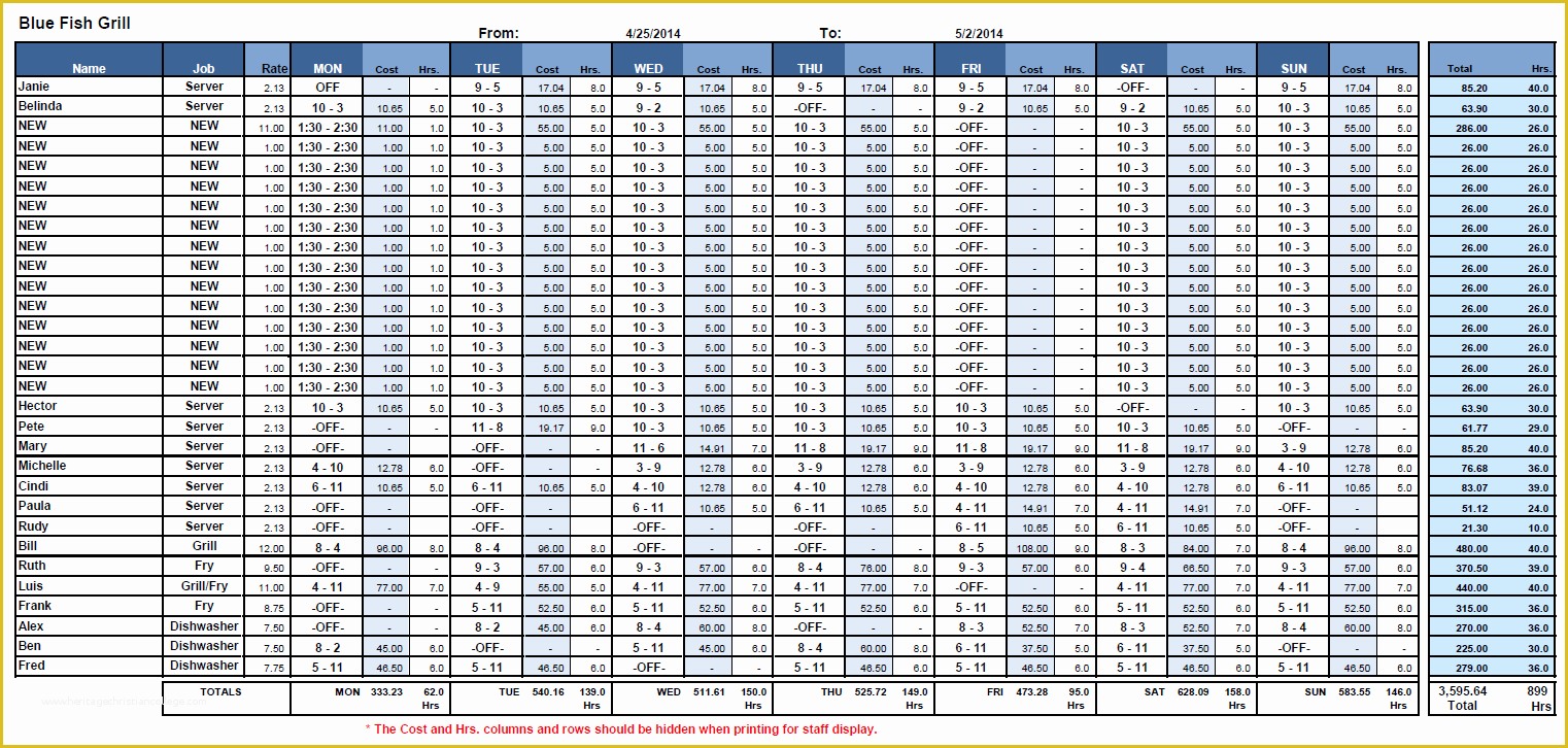 Free Restaurant Schedule Template Of Restaurant Schedule Template