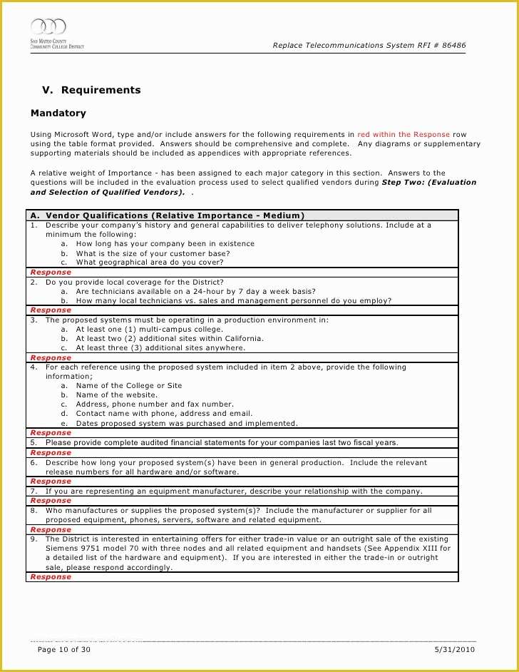 Free Rfi form Template Of Tele Munications Rfi