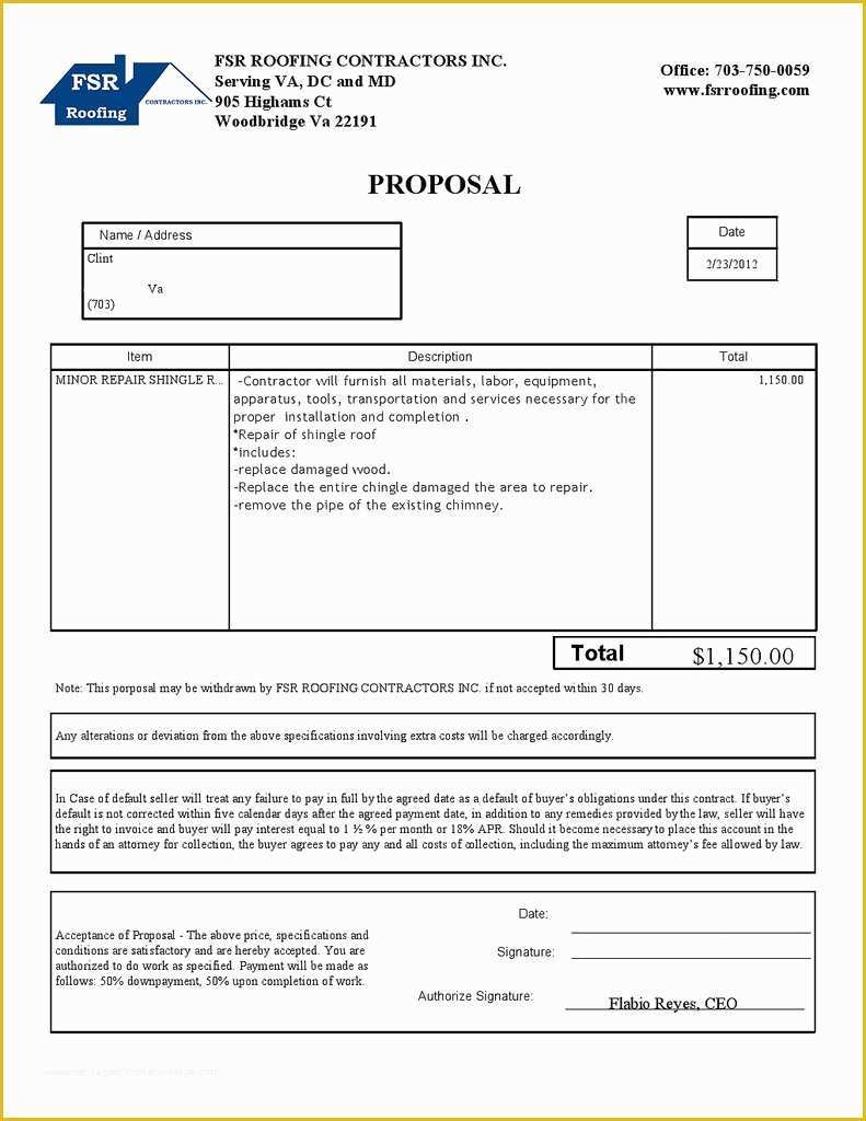 Free Roofing Estimate Template Of Free Roofing Proposal forms Template