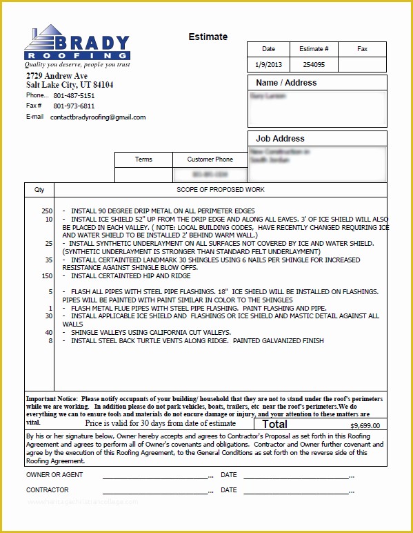 Free Roofing Estimate Template Of Roofing Contract Free Printable Documents