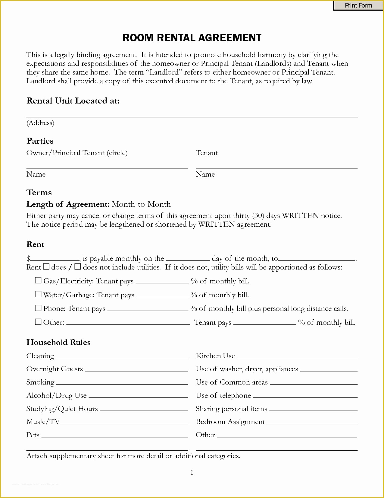 Free Room Rental Agreement Template Of Free Room Rental Lease Agreement Template