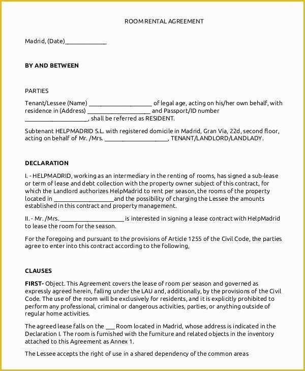 Free Room Rental Agreement Template Of Room Rental Agreement 17 Free Word Pdf Documents