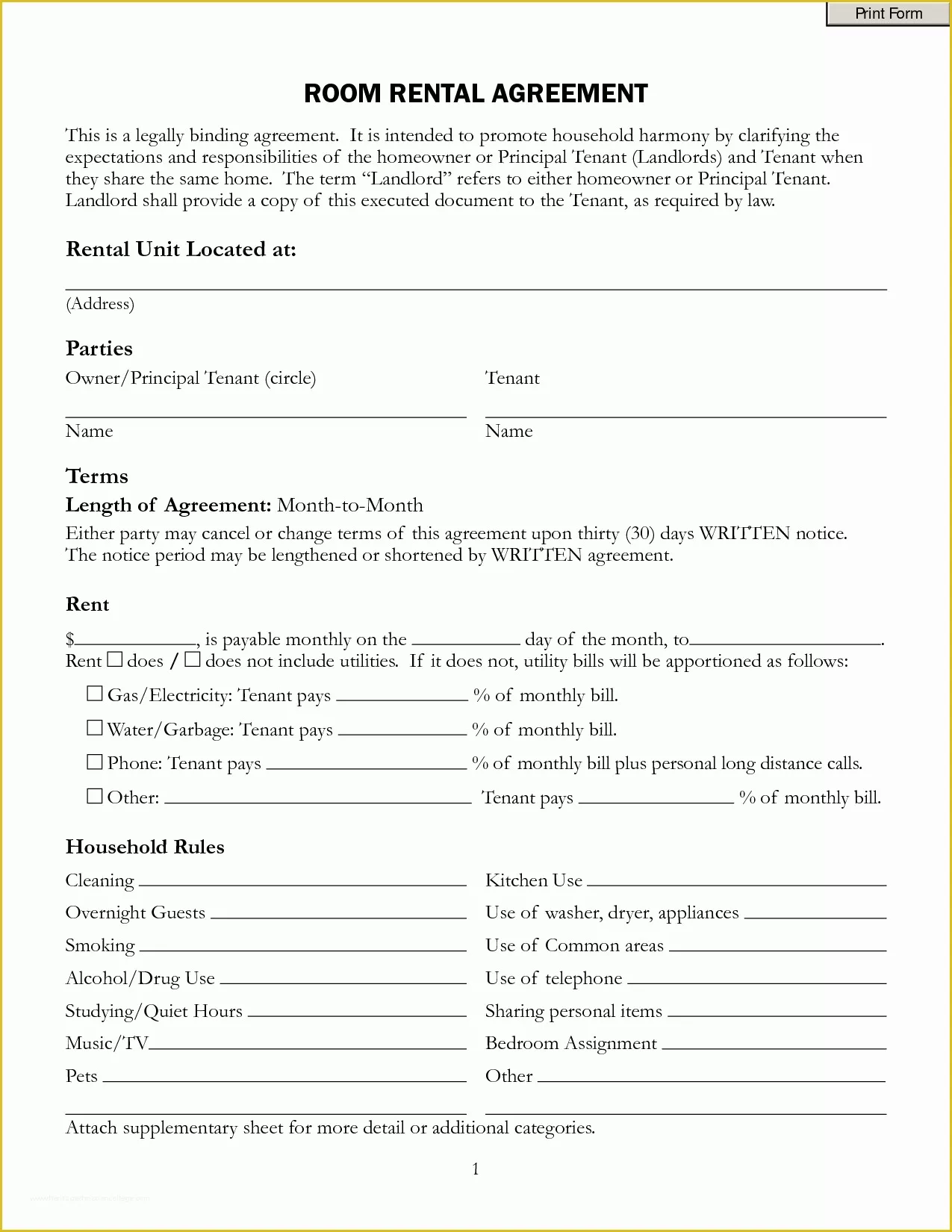 Free Room Rental Agreement Template Word Of Free Room Rental Lease Agreement Template