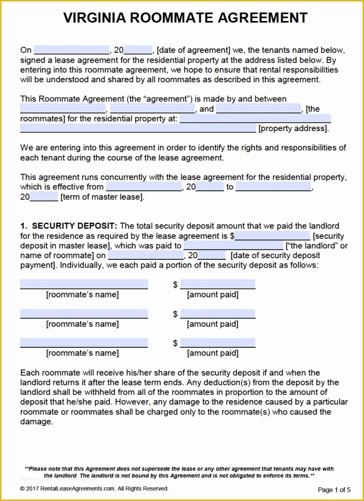 Free Room Rental Agreement Template Word Of Free Virginia Roommate Agreement Template – Pdf – Word