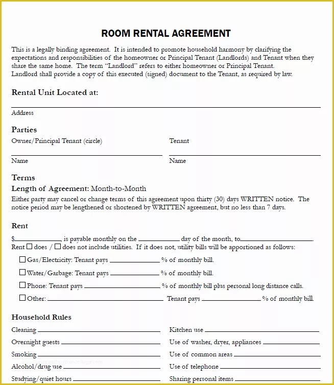 Free Printable Room Rental Agreement Forms