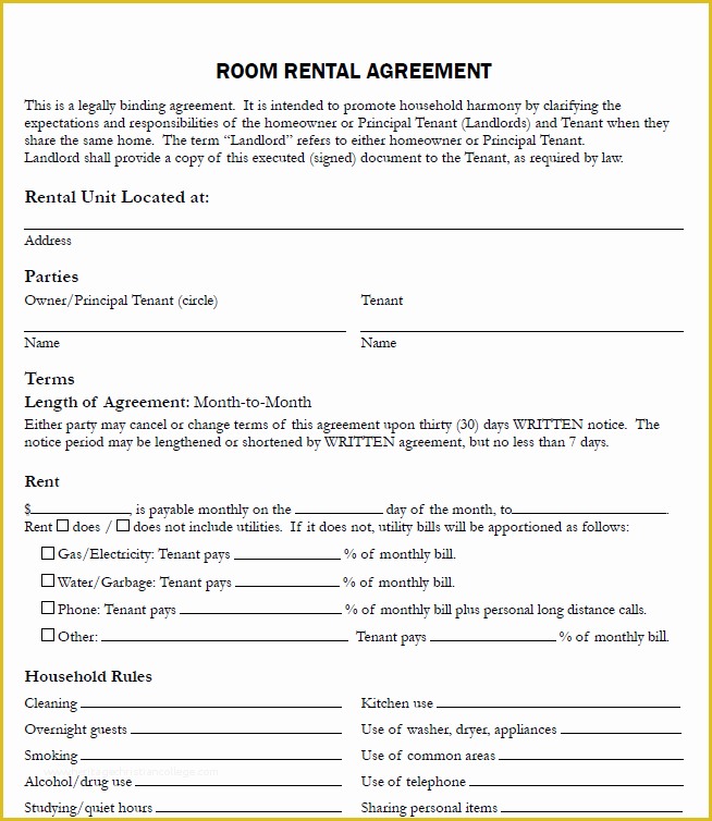 Room Rental Agreement Free Printable Printable World Holiday