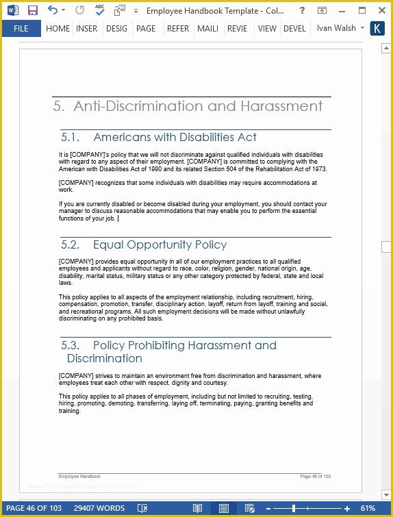 Free Sample Employee Handbook Template Of Employee Handbook Template Ms Word – 140 Sample topics