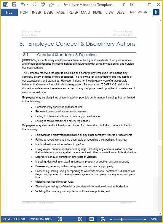 Free Sample Employee Handbook Template Of Employee Handbook Templates Ms Word Free Policy Manual